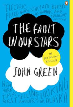 Cover of The Fault in Our Stars by John Green, blue and black cloud design; YA romance about teens with cancer; book club discussion guide and review