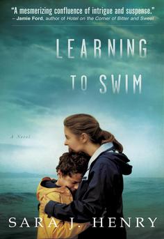Cover of 'Learning to Swim' by Sara J. Henry showing a lone swimmer and icy Lake Champlain symbolizing suspense and rescue