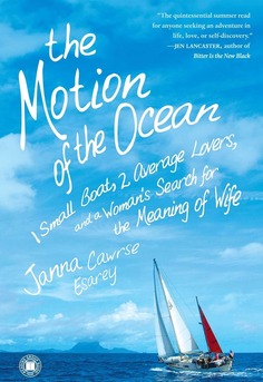 Book cover of The Motion of the Ocean by Janna Cawrse Esarey showing a small sailboat on blue water under a bright sky - a memoir about love, marriage, and a 17,000 mile honeymoon voyage