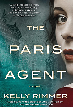  A photograph of the book cover for The Paris Agent by Kelley Rimmer, featuring the title in an elegant font on a black background with a stylized Eiffel Tower and a woman in a trench coat, evoking a historical fiction spy thriller.
