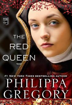 Cover of 'The Red Queen' by Philippa Gregory showing a regal red backdrop with a Tudor rose, symbolizing ambition, royalty, and historical power.