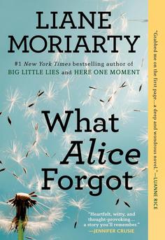 Cover of 'What Alice Forgot' by Liane Moriarty showing scattered petals and a light, whimsical background symbolizing lost memories